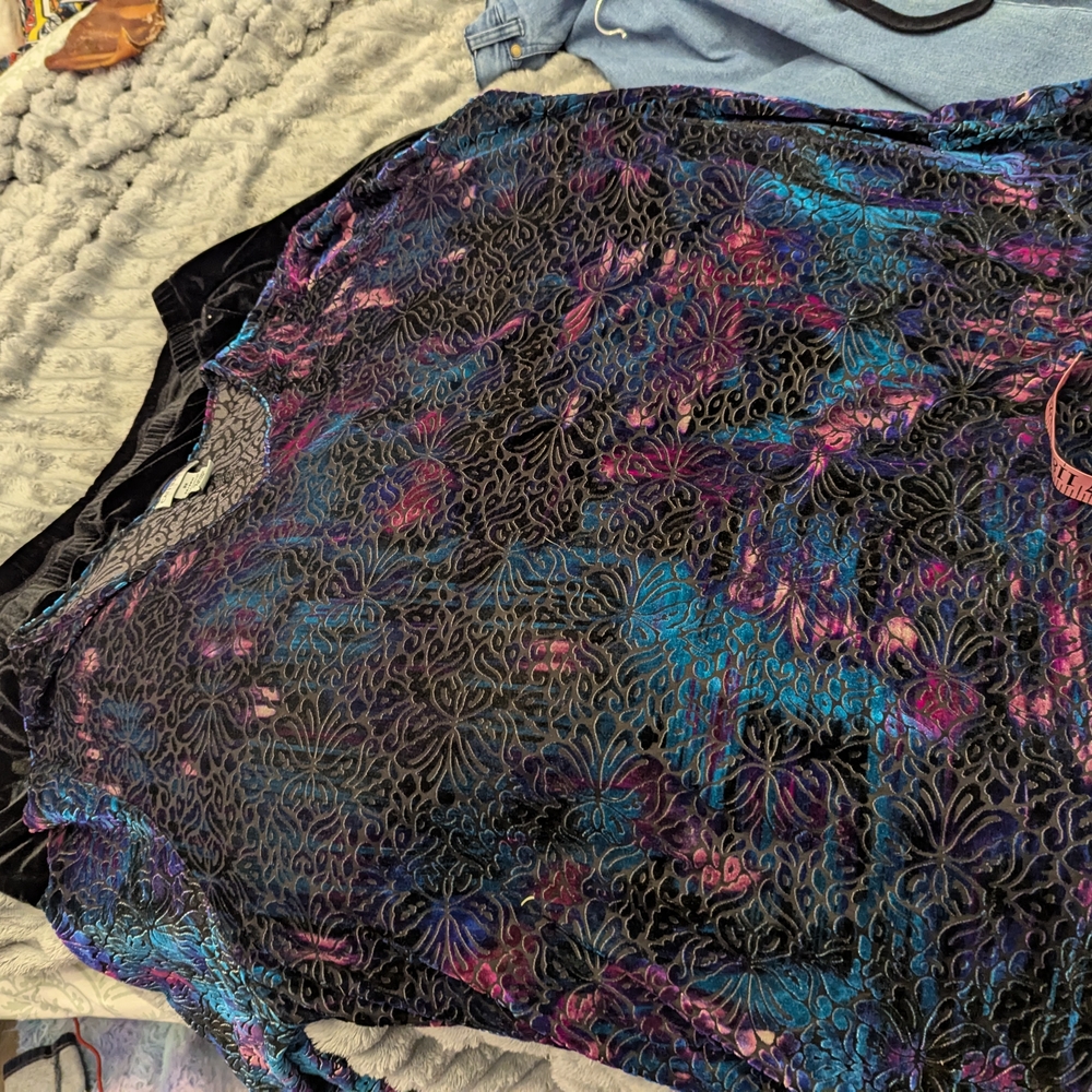 Velvet Floral Top with Blue and Purple Accents